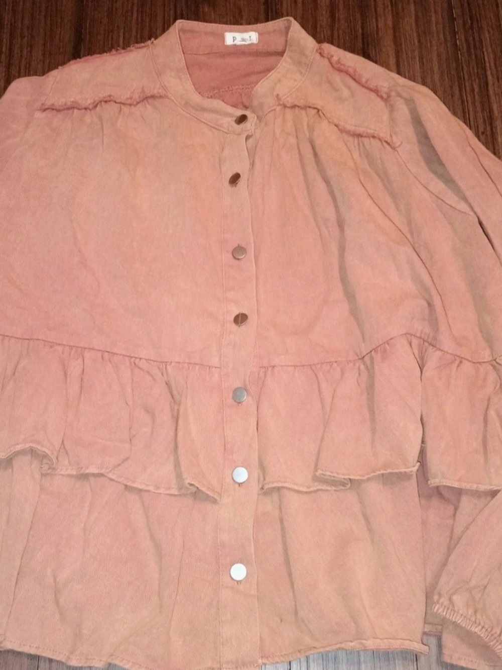 POL Women's Dusty Pink Ruffle Button-Front Jean Jacket